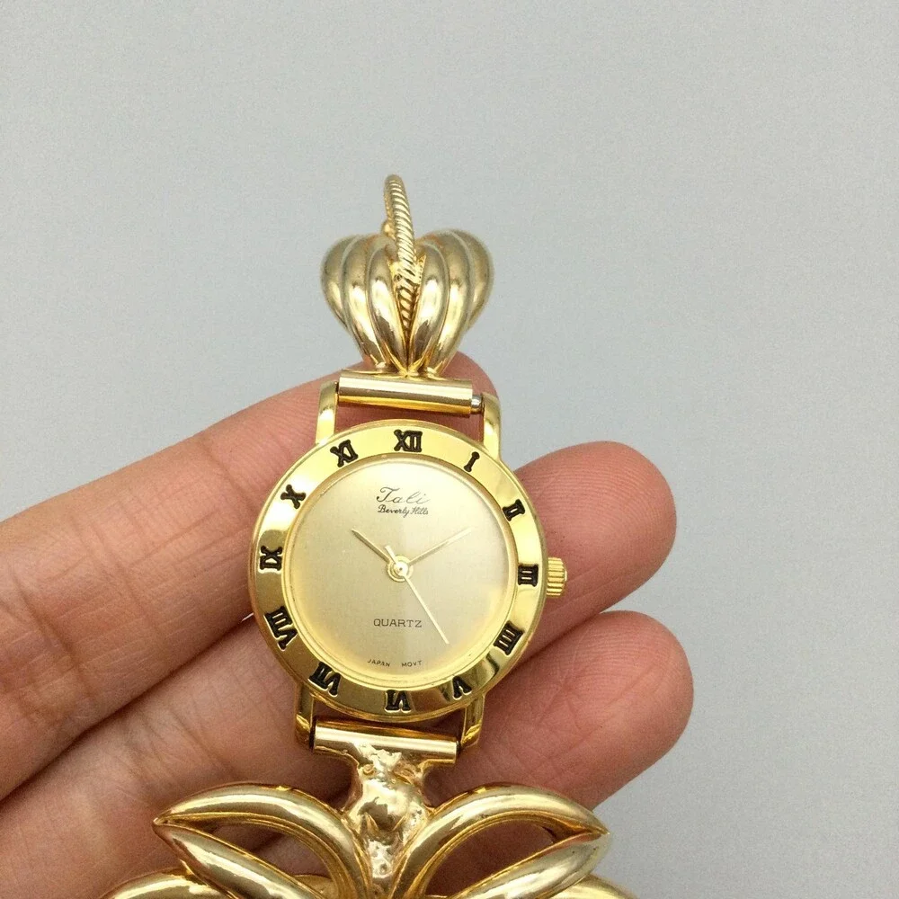Tali Beverly Hills Nurse Brooch Watch Womens 24mm Gold Tone Leaf New Battery